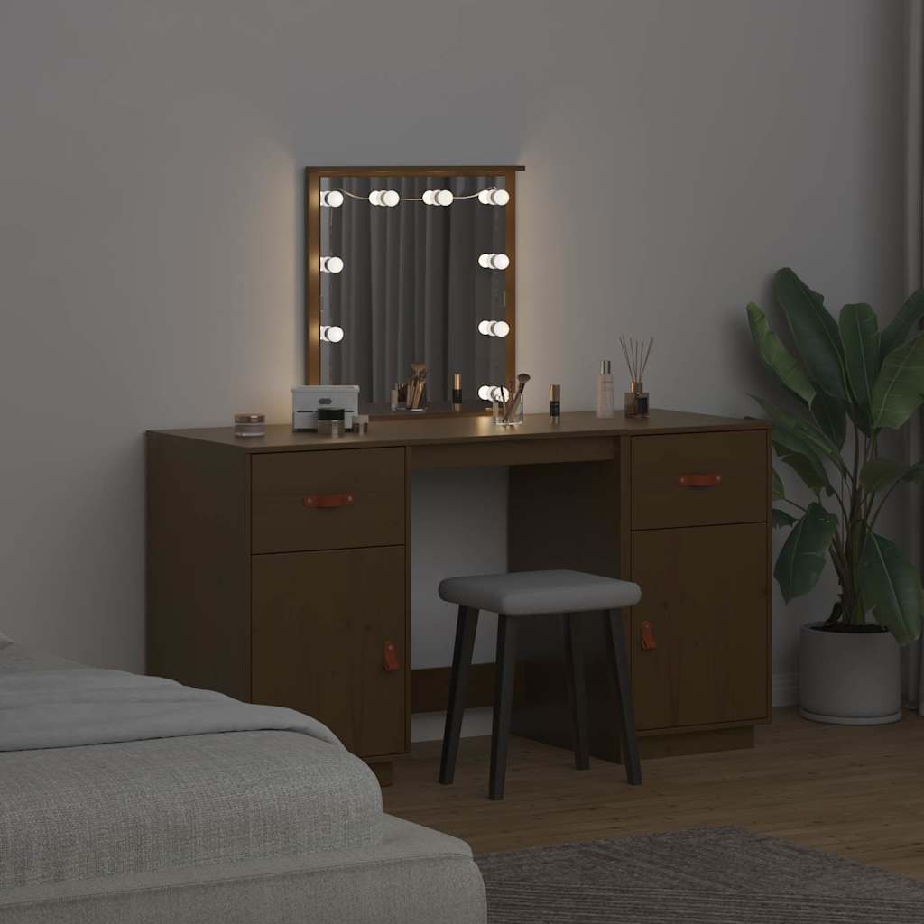 Schminktisch-Set mit LED Honigbraun Massivholz Kiefer