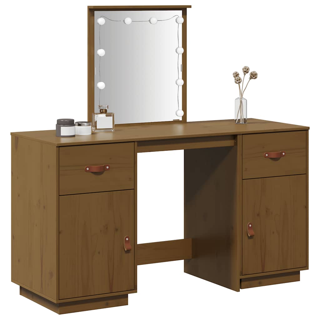 Schminktisch-Set mit LED Honigbraun Massivholz Kiefer