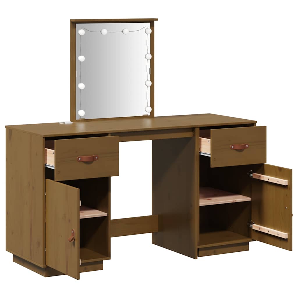 Schminktisch-Set mit LED Honigbraun Massivholz Kiefer