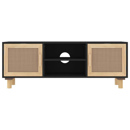TV-Schrank Schwarz 105x30x40 cm Massivholz Kiefer Natur-Rattan