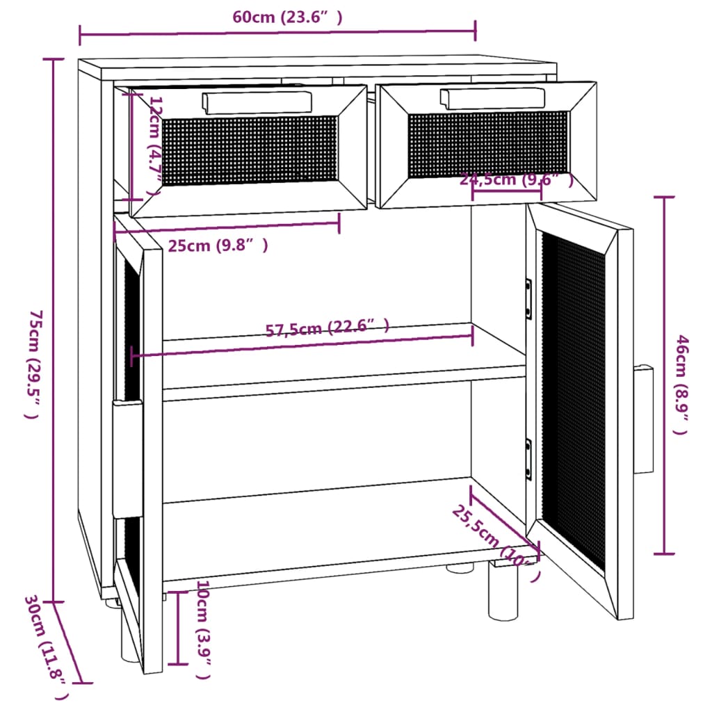 Sideboard Weiß 60x30x75 cm Massivholz Kiefer und Natur-Rattan