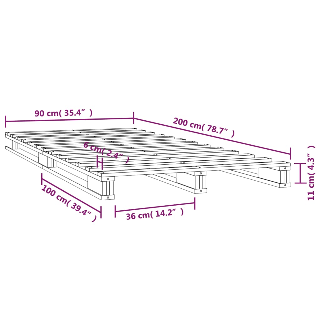 Palettenbett 90x200 cm Massivholz Kiefer