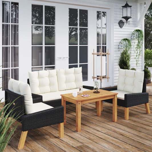 4-tlg. Garten-Lounge-Set mit Kissen Poly Rattan&Massivholz