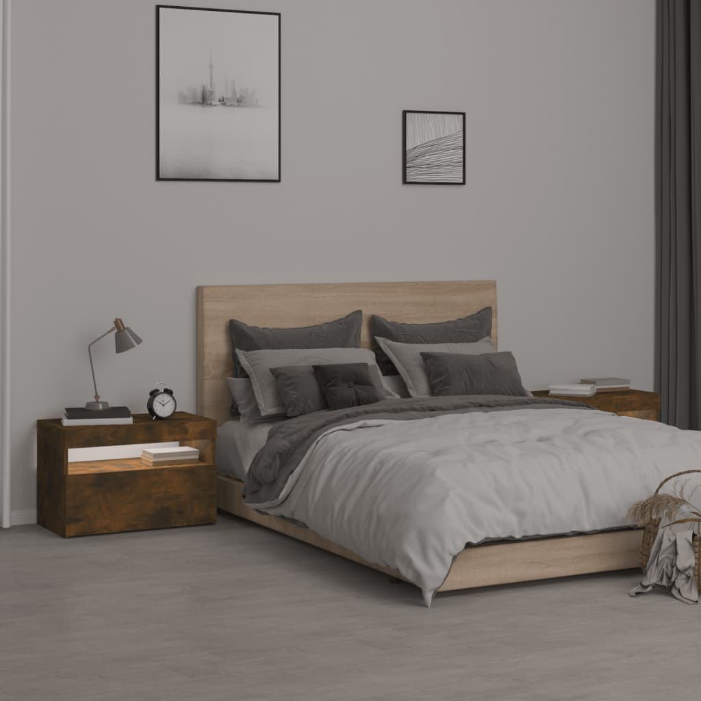 Nachttische 2 Stk. mit LED-Leuchten Räuchereiche 60x35x40 cm