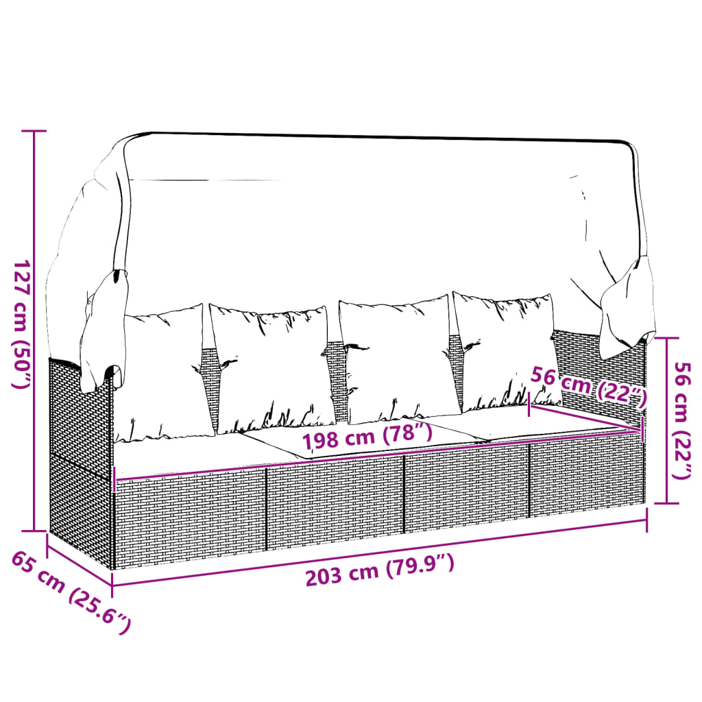 Outdoor-Loungebett mit Dach und Kissen Grau Poly Rattan