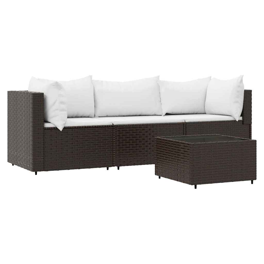 4-tlg. Garten-Lounge-Set mit Kissen Braun Poly Rattan