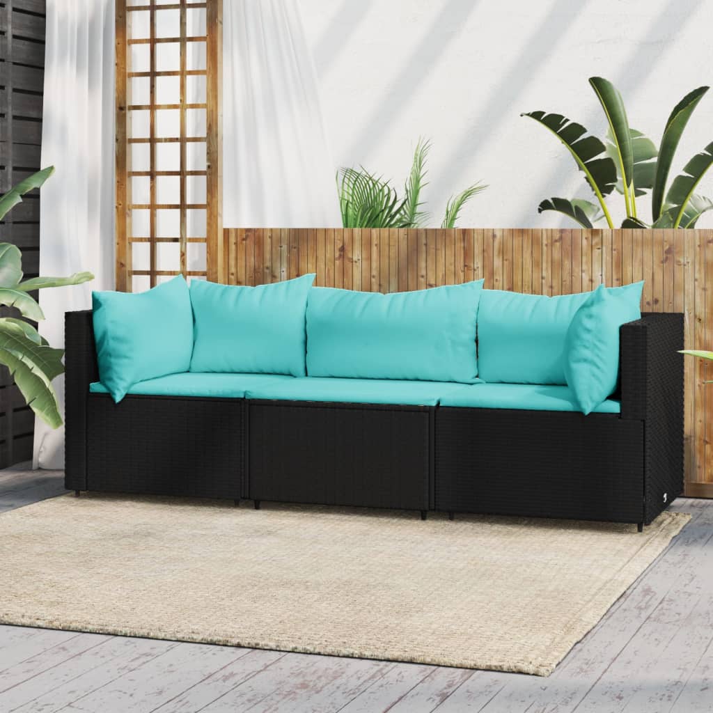 3-tlg. Garten-Lounge-Set mit Kissen Schwarz Poly Rattan