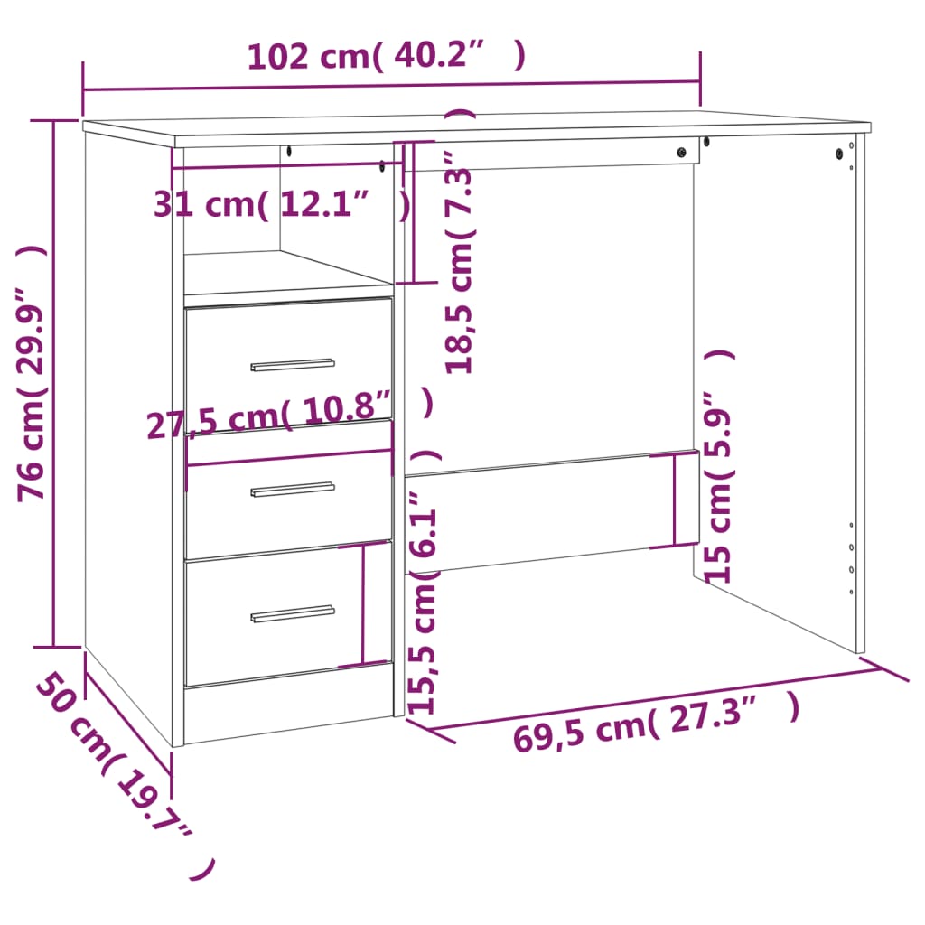 Schreibtisch mit Schubladen Betongrau 102x50x76cm Holzwerkstoff