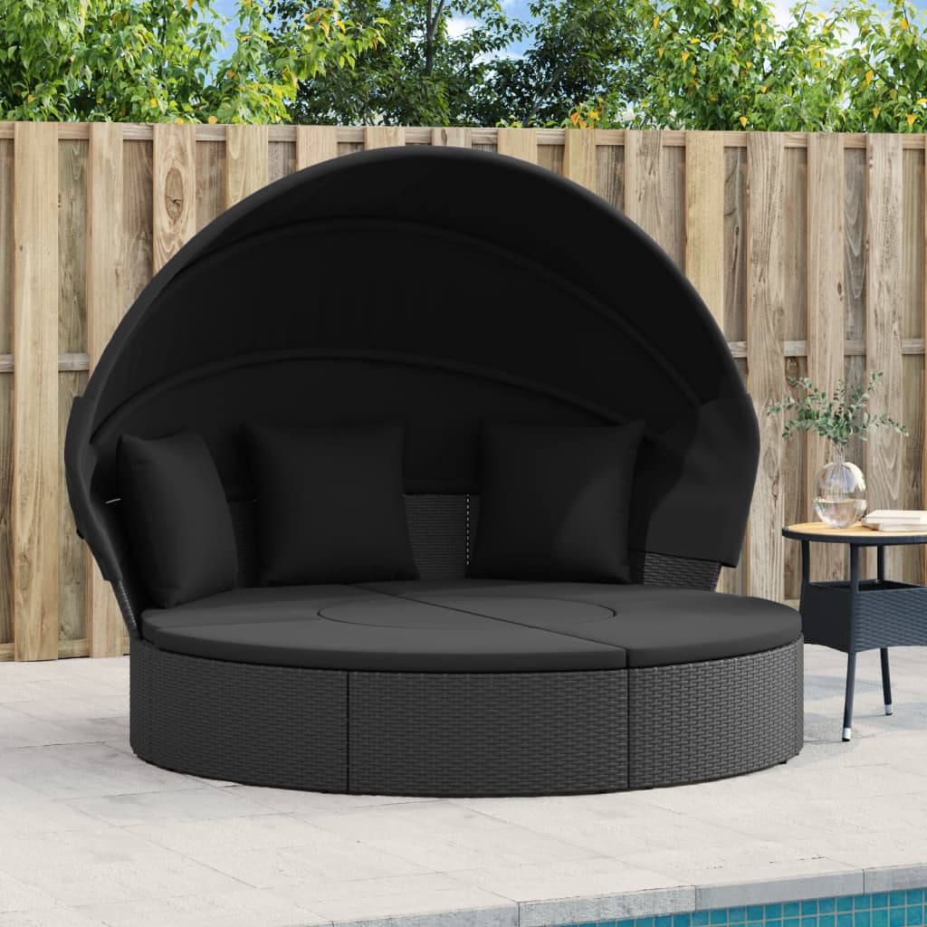 Outdoor-Loungebett mit Dach und Kissen Schwarz Poly Rattan