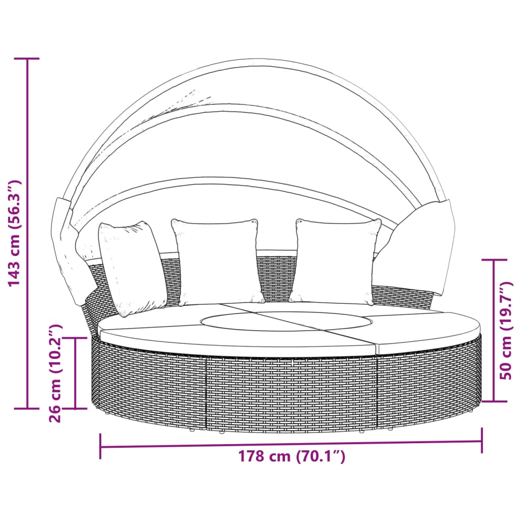 Outdoor-Loungebett mit Dach und Kissen Grau Poly Rattan