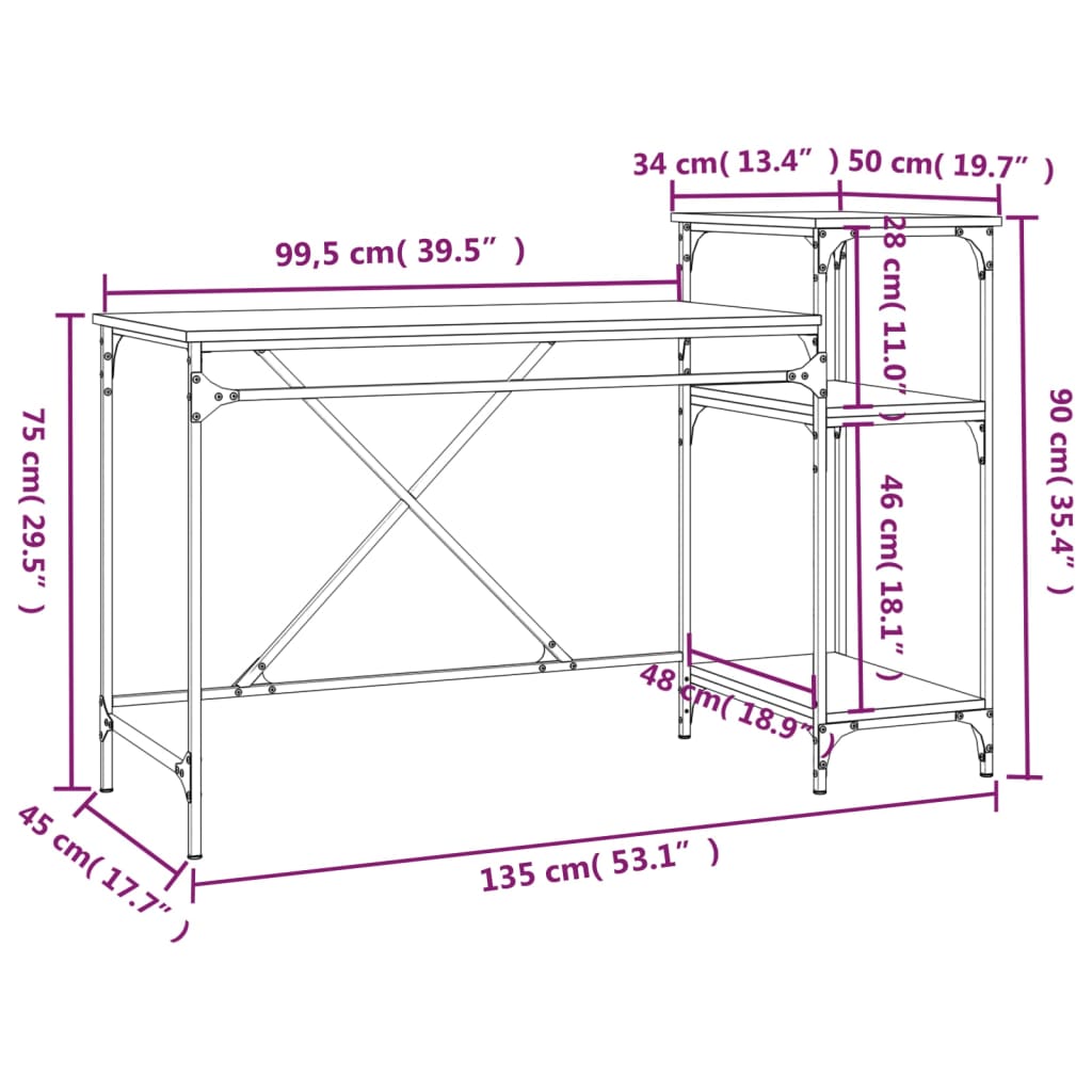 Schreibtisch mit Regal Räuchereiche 135x50x90 cm Holzwerkstoff