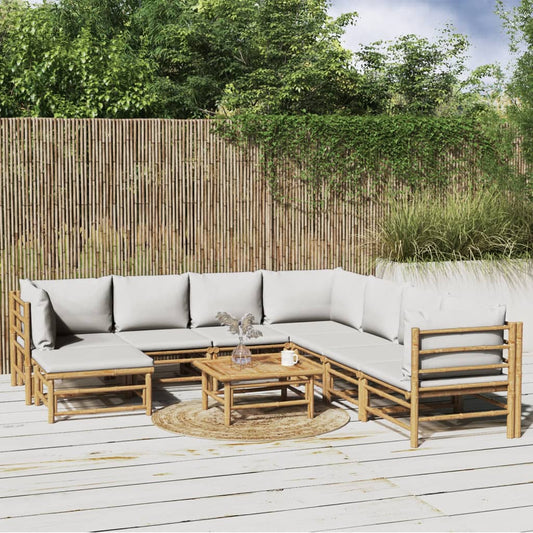 9-tlg. Garten-Lounge-Set mit Kissen Hellgrau Bambus