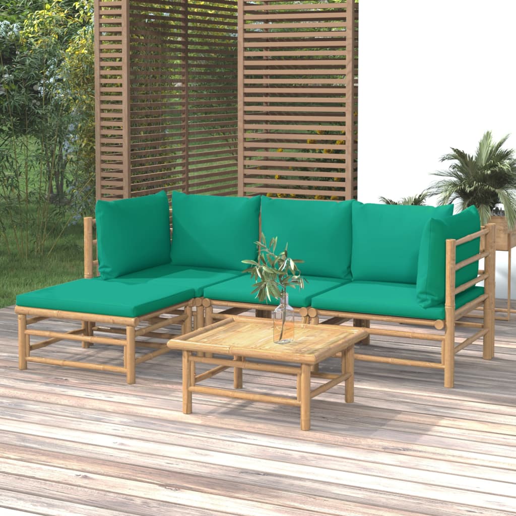 5-tlg. Garten-Lounge-Set mit Grünen Kissen Bambus