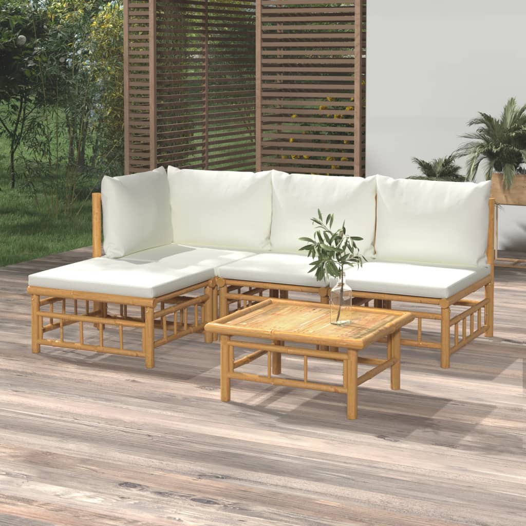 5-tlg. Garten-Lounge-Set mit Cremeweißen Kissen Bambus