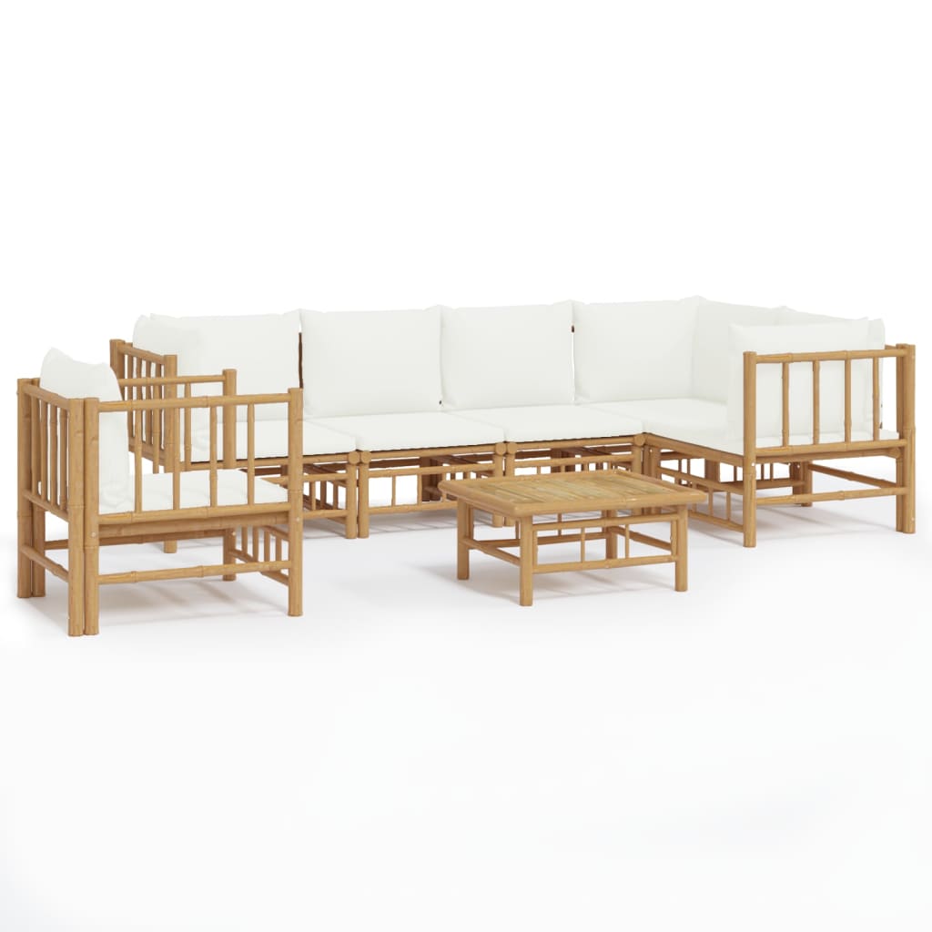 7-tlg. Garten-Lounge-Set mit Cremeweißen Kissen Bambus