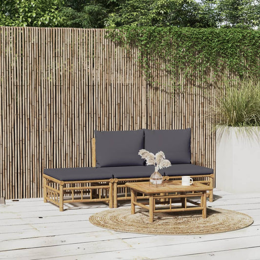 4-tlg. Garten-Lounge-Set mit Dunkelgrauen Kissen Bambus