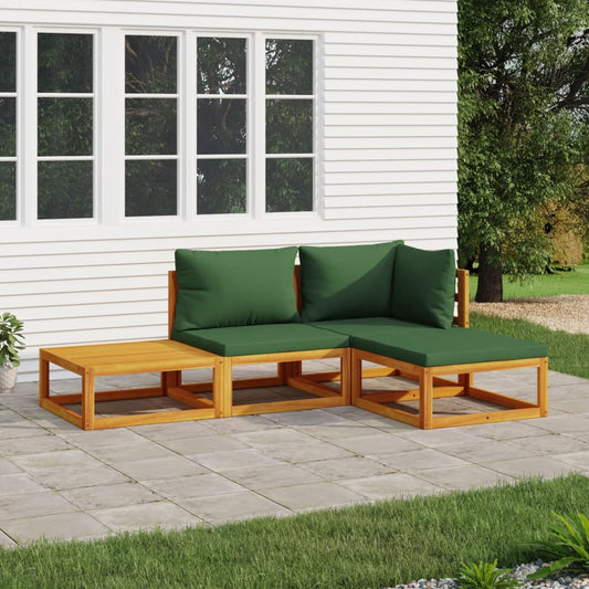 4-tlg. Garten-Lounge-Set mit Grünen Kissen Massivholz