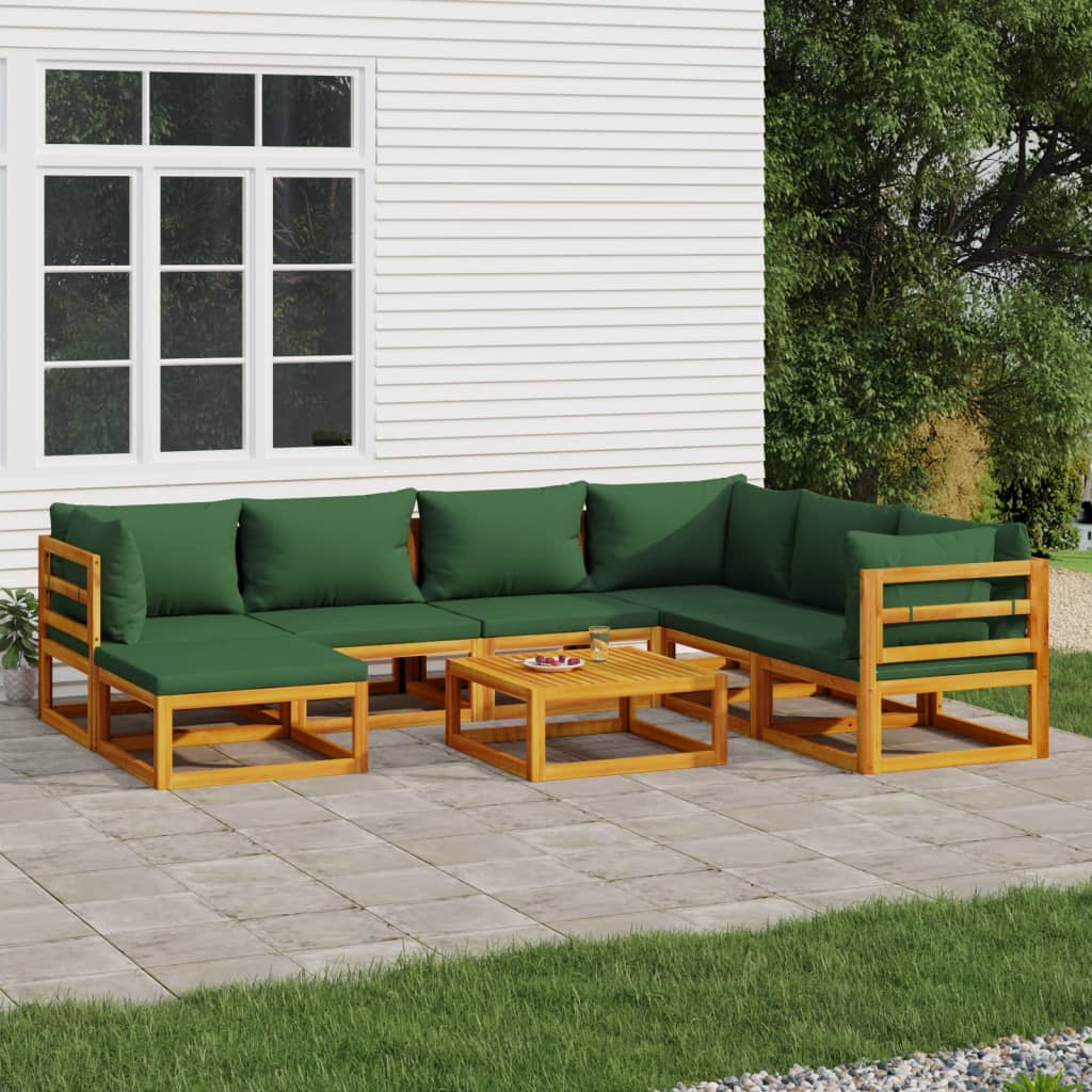 8-tlg. Garten-Lounge-Set mit Grünen Kissen Massivholz