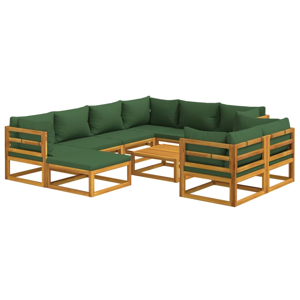 10-tlg. Garten-Lounge-Set mit Grünen Kissen Massivholz