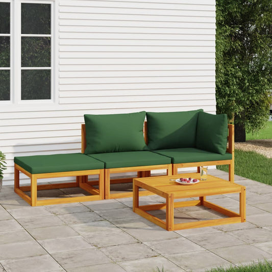 4-tlg. Garten-Lounge-Set mit Grünen Kissen Massivholz