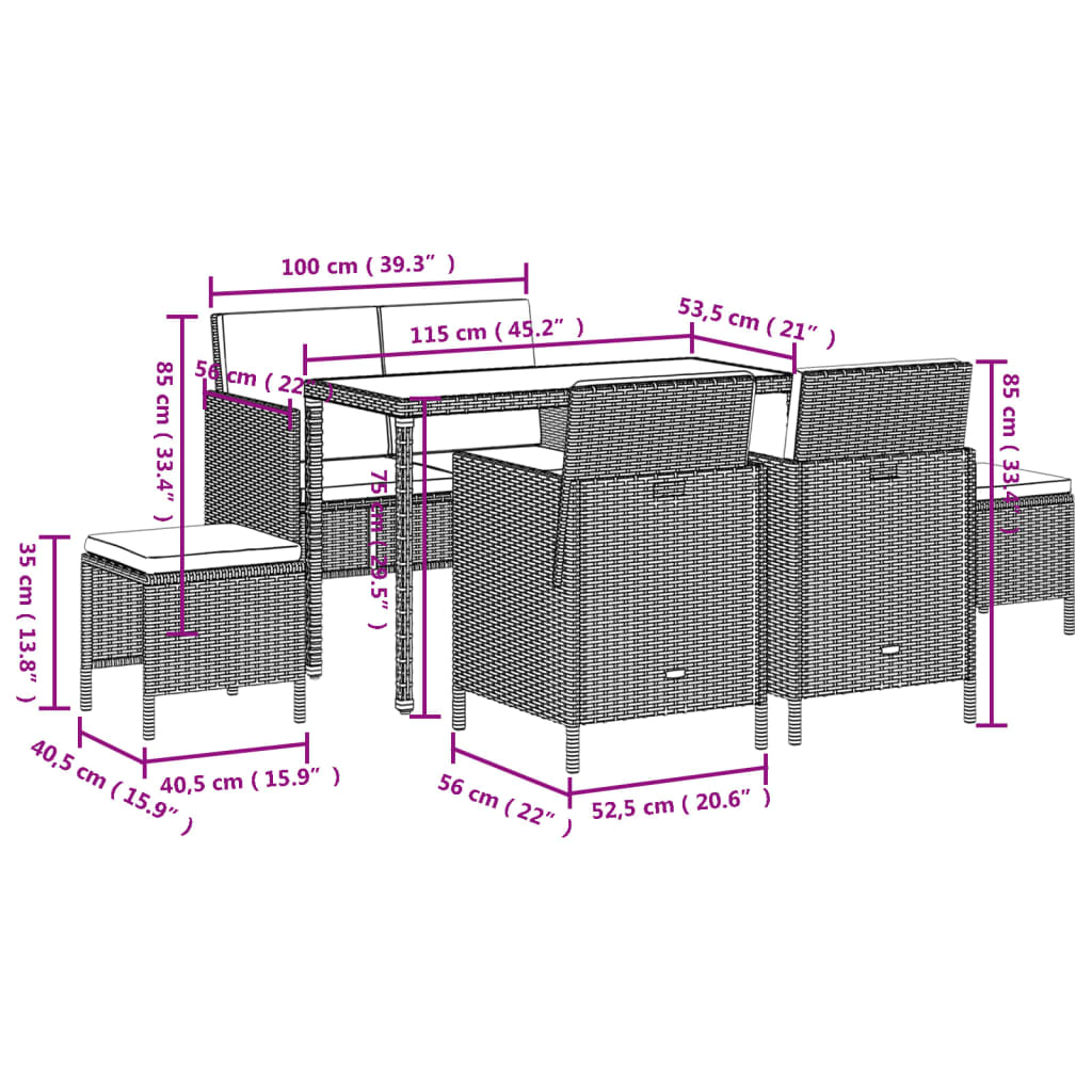 6-tlg. Garten-Essgruppe mit Kissen Schwarz Poly Rattan