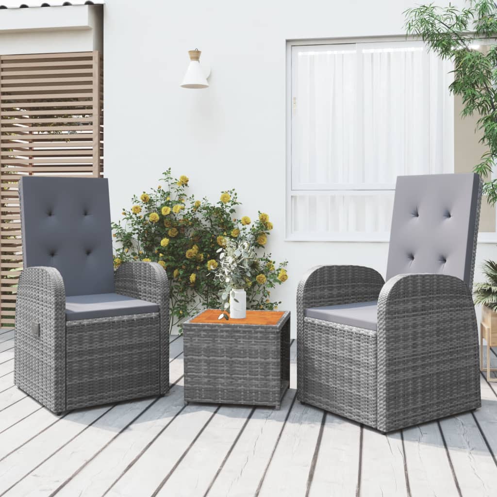 3-tlg. Garten-Lounge-Set Grau Poly Rattan & Massivholz Akazie