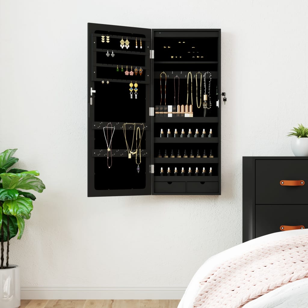 Spiegel-Schmuckschrank mit LED-Beleuchtung Wandmontage Schwarz