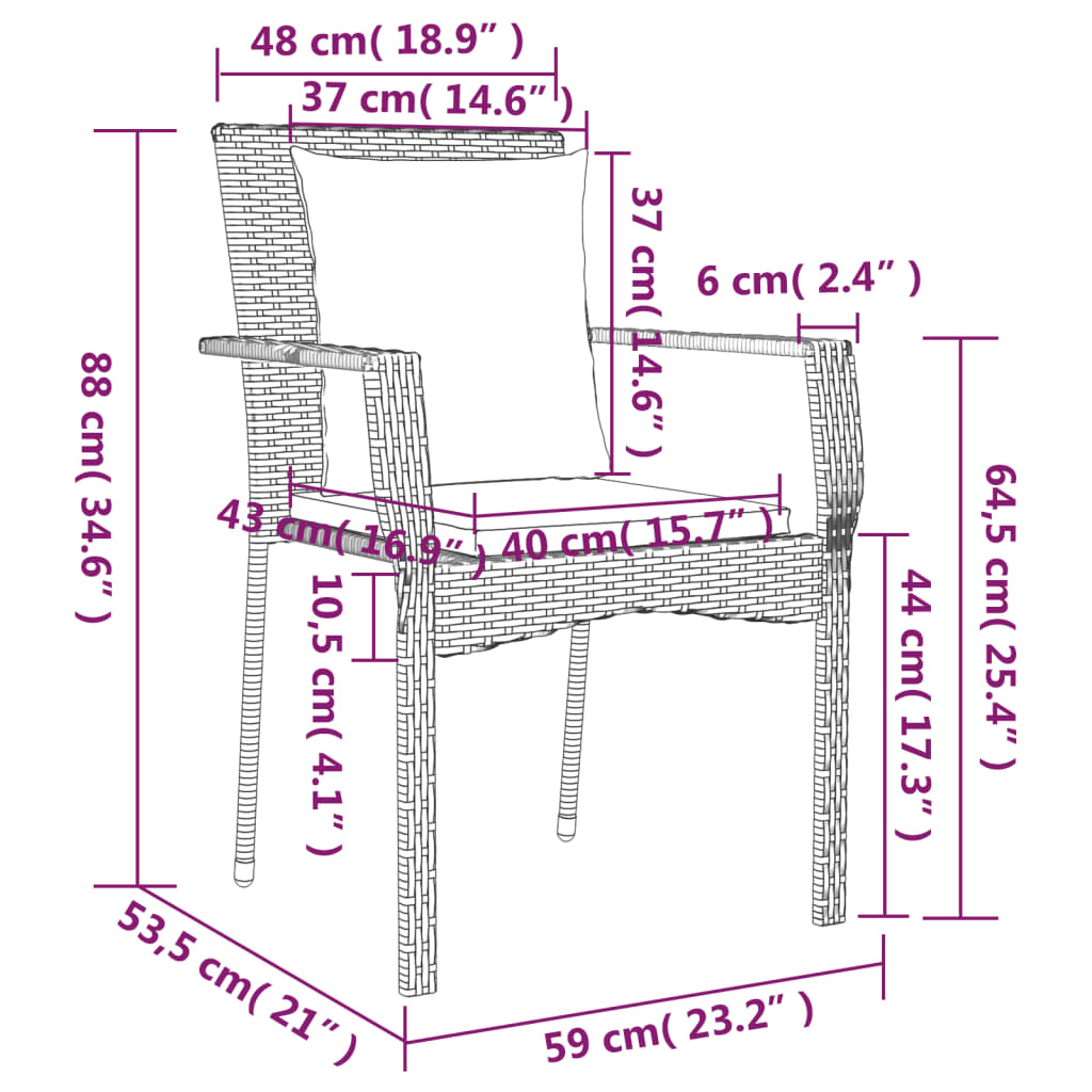 3-tlg. Garten-Essgruppe mit Kissen Grau Poly Rattan