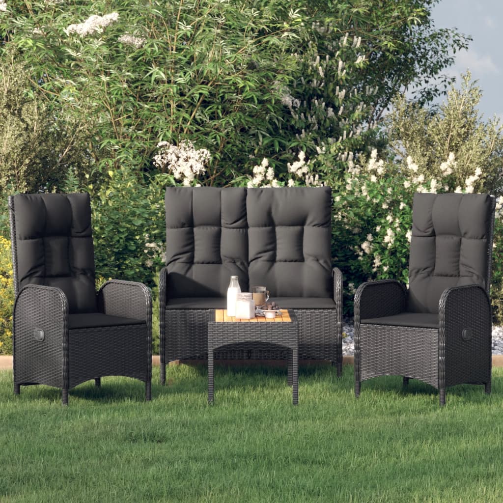 4-tlg. Garten-Essgruppe mit Kissen Schwarz Poly Rattan