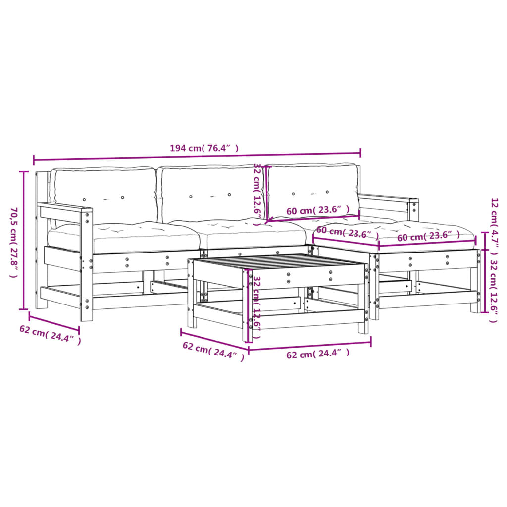 5-tlg. Garten-Lounge-Set mit Kissen Weiß Massivholz