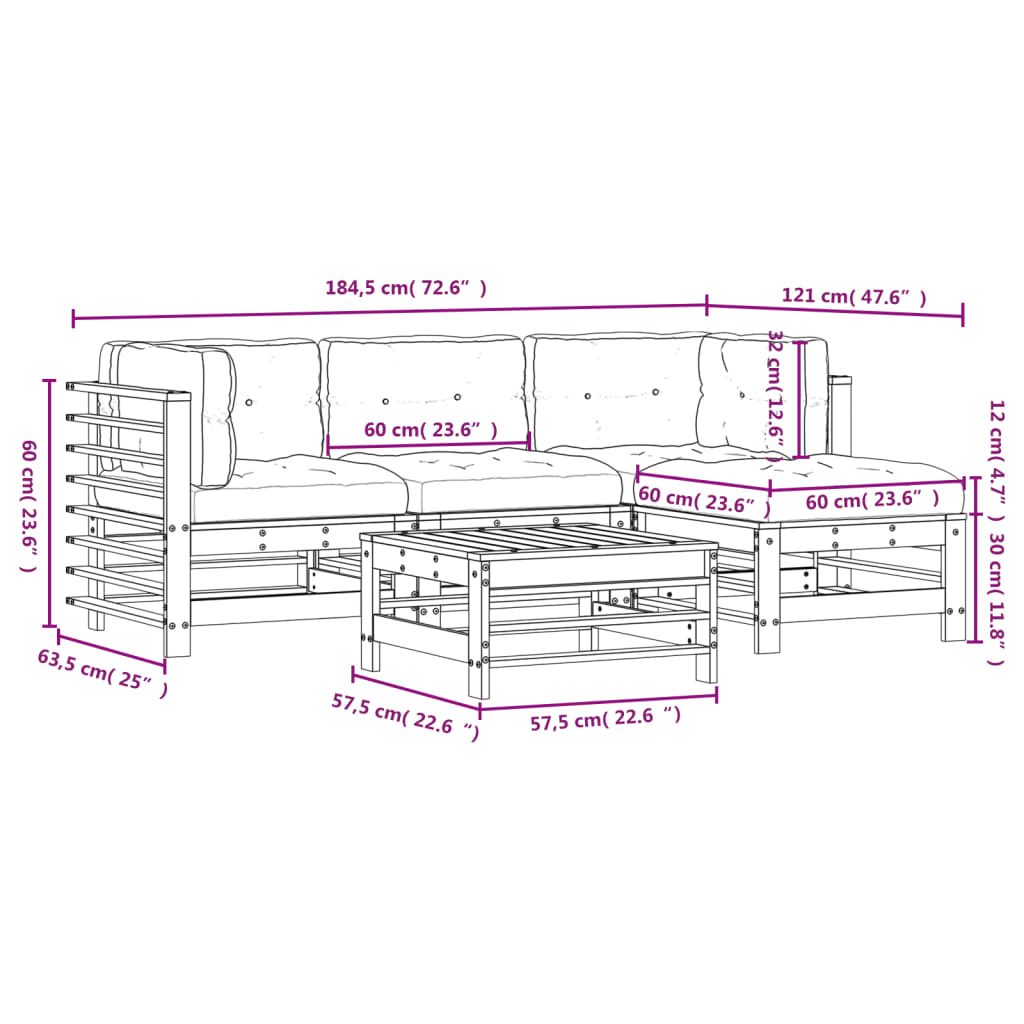 5-tlg. Garten-Lounge-Set mit Kissen Grau Massivholz