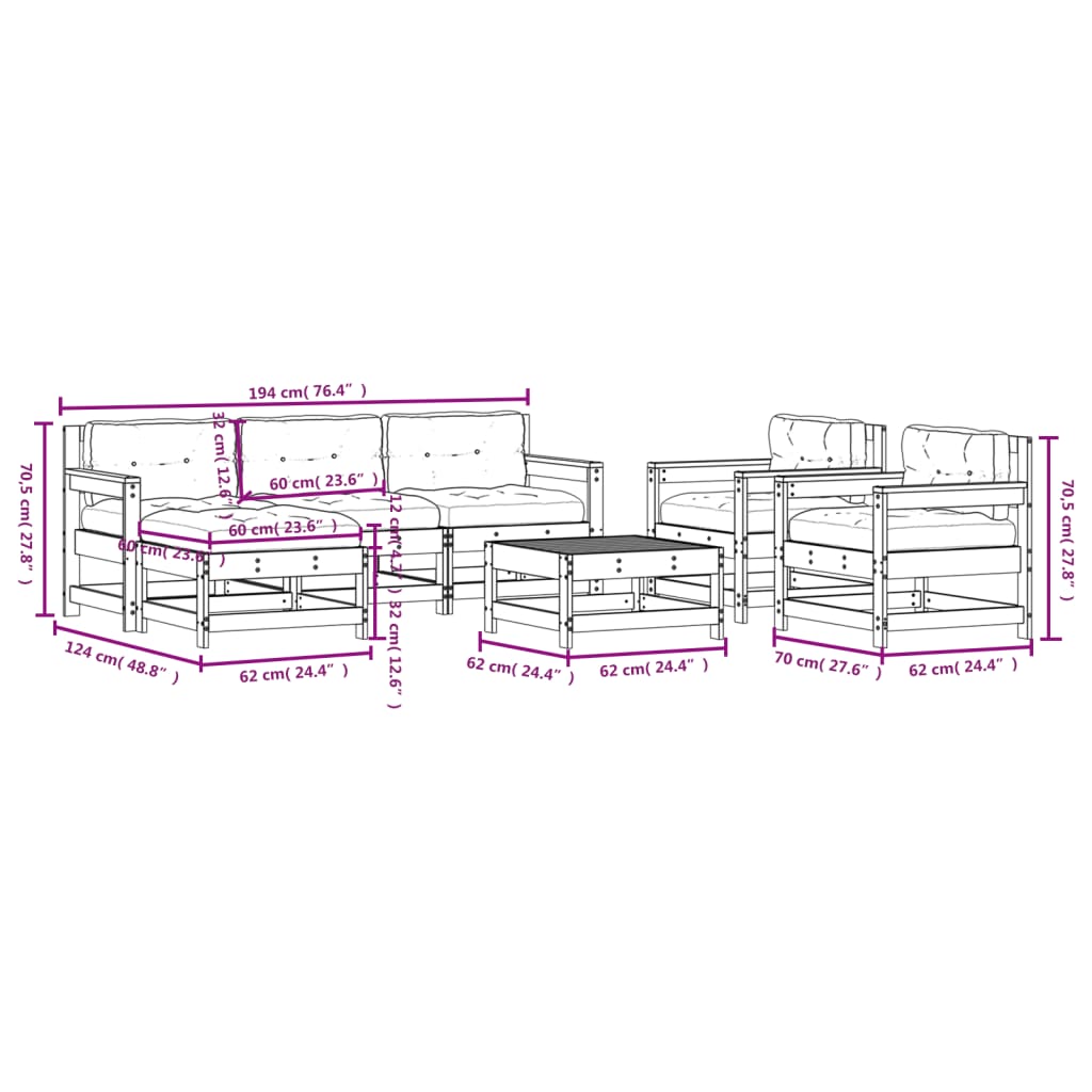 7-tlg. Garten-Lounge-Set mit Kissen Weiß Massivholz