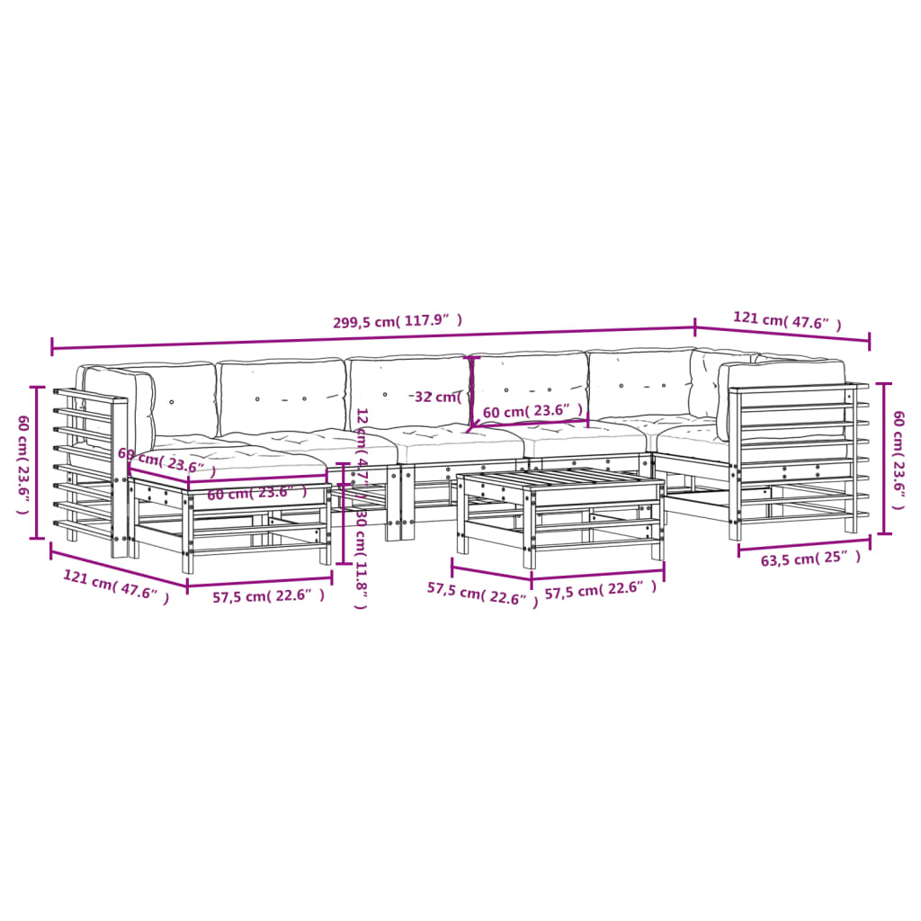 8-tlg. Garten-Lounge-Set mit Kissen Weiß Massivholz