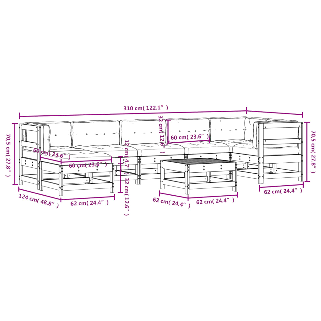 8-tlg. Garten-Lounge-Set mit Kissen Weiß Massivholz