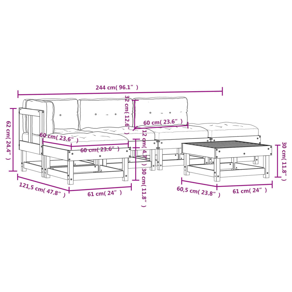 6-tlg. Garten-Lounge-Set mit Kissen Weiß Massivholz