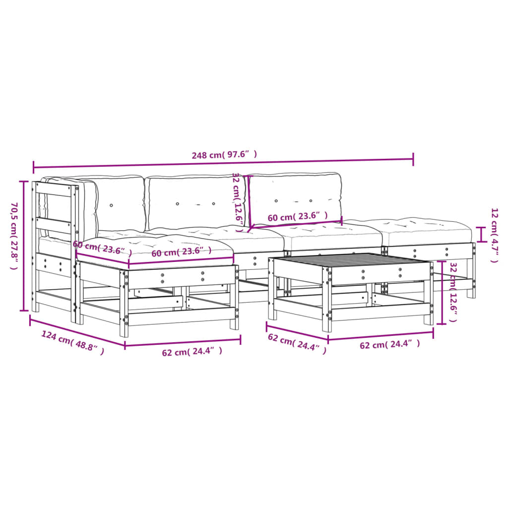 6-tlg. Garten-Lounge-Set mit Kissen Grau Massivholz