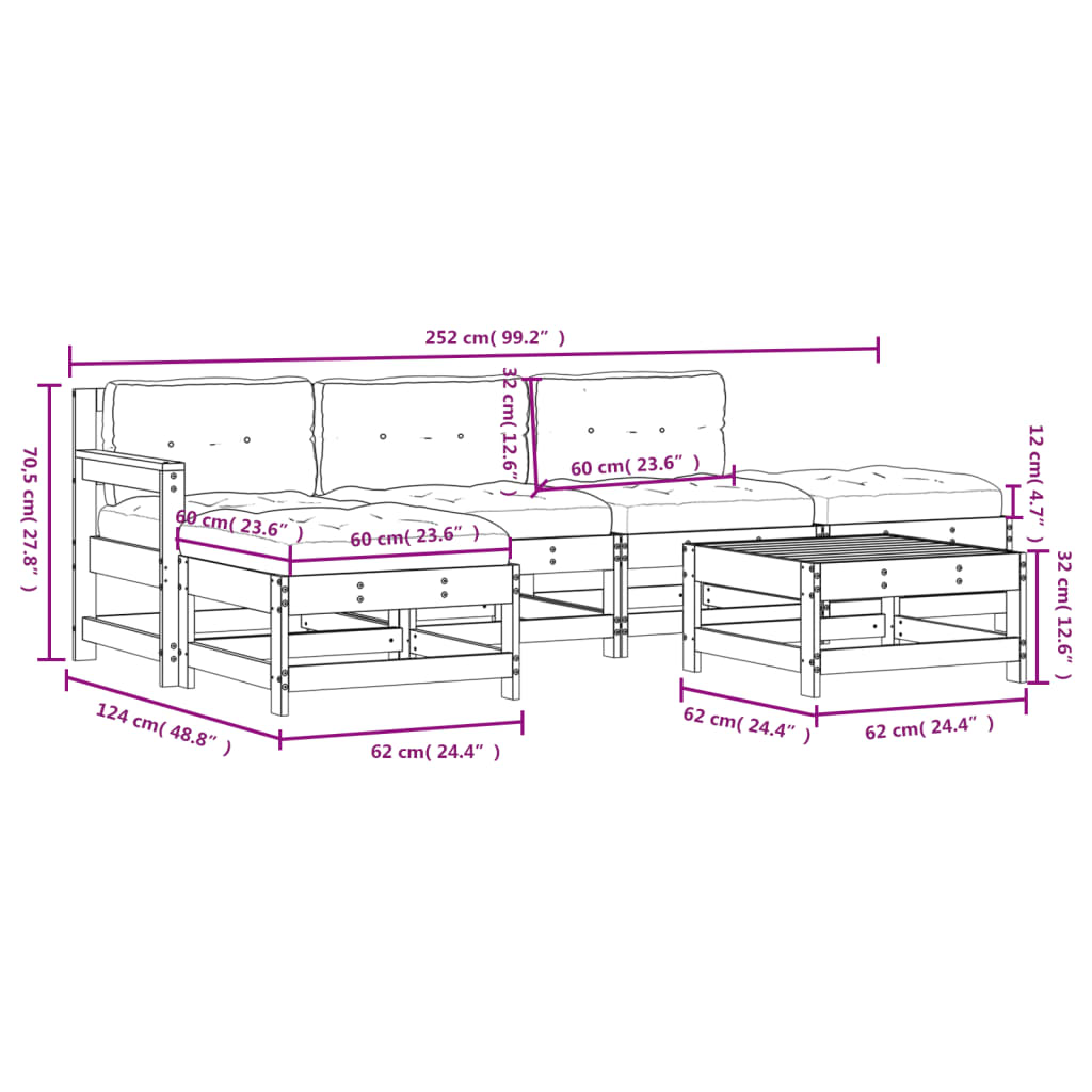 6-tlg. Garten-Lounge-Set mit Kissen Grau Massivholz