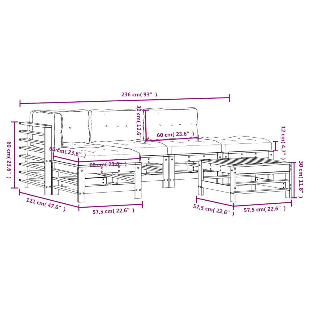 6-tlg. Garten-Lounge-Set mit Kissen Weiß Massivholz