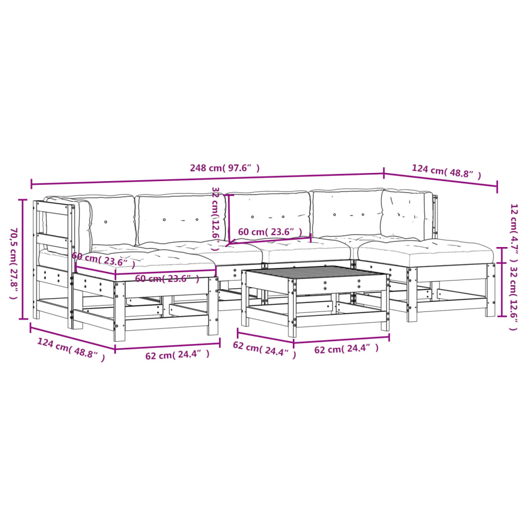 7-tlg. Garten-Lounge-Set mit Kissen Weiß Massivholz