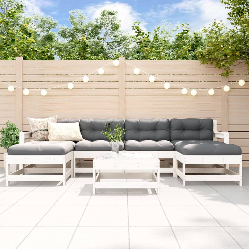 7-tlg. Garten-Lounge-Set mit Kissen Weiß Massivholz