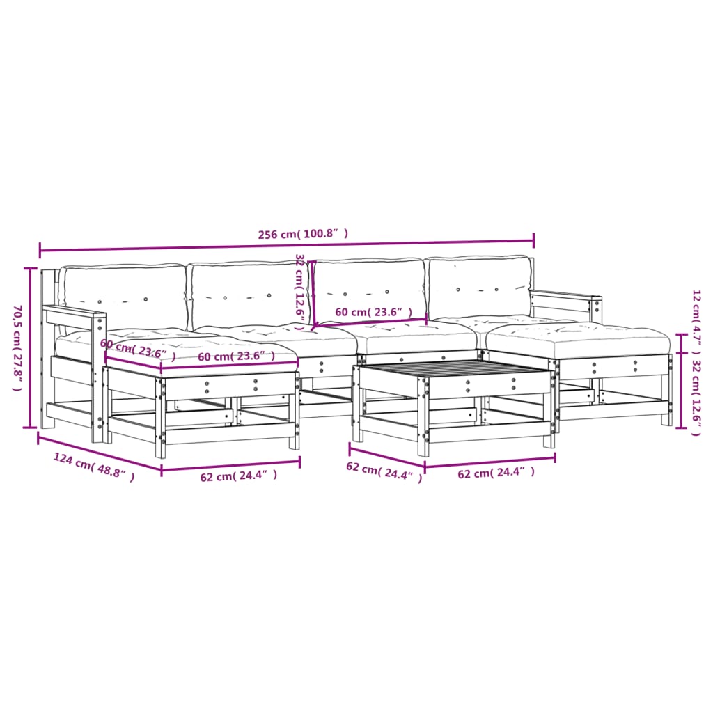 7-tlg. Garten-Lounge-Set mit Kissen Grau Massivholz