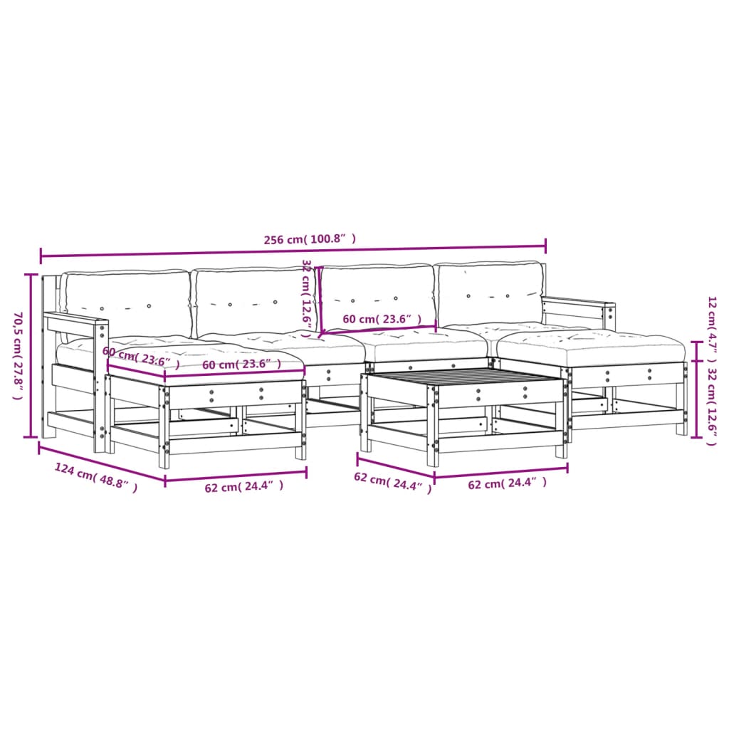 7-tlg. Garten-Lounge-Set mit Kissen Honigbraun Massivholz