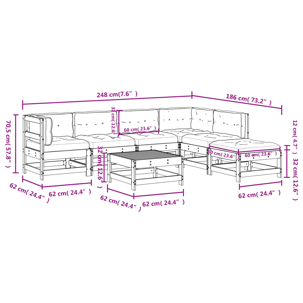 7-tlg. Garten-Lounge-Set mit Kissen Weiß Massivholz