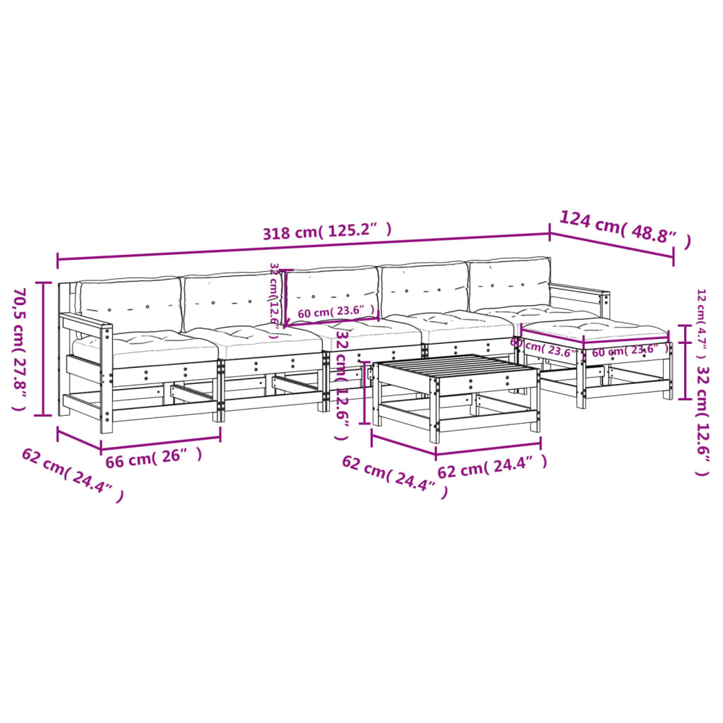 7-tlg. Garten-Lounge-Set mit Kissen Weiß Massivholz