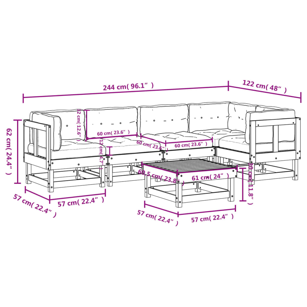 6-tlg. Garten-Lounge-Set mit Kissen Weiß Massivholz