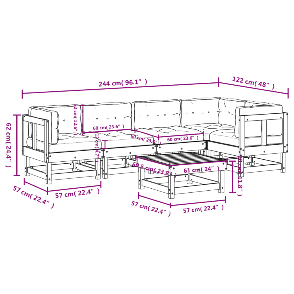 6-tlg. Garten-Lounge-Set mit Kissen Grau Massivholz