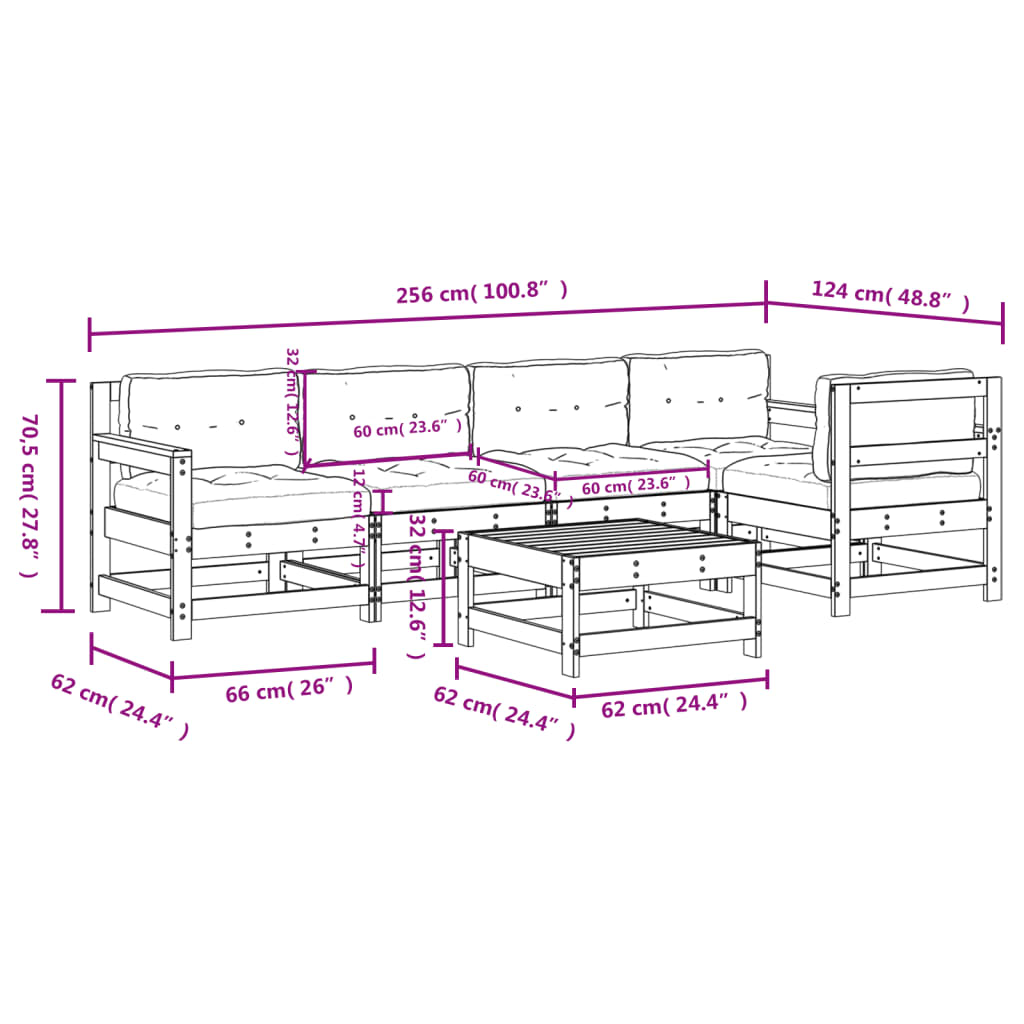 6-tlg. Garten-Lounge-Set mit Kissen Grau Massivholz