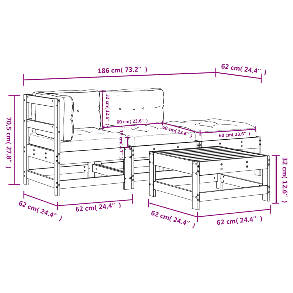 4-tlg. Garten-Lounge-Set mit Kissen Weiß Massivholz