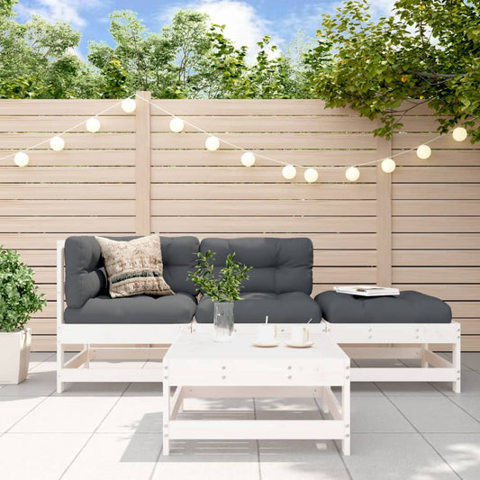 4-tlg. Garten-Lounge-Set mit Kissen Weiß Massivholz