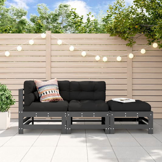 3-tlg. Garten-Lounge-Set mit Kissen Grau Massivholz